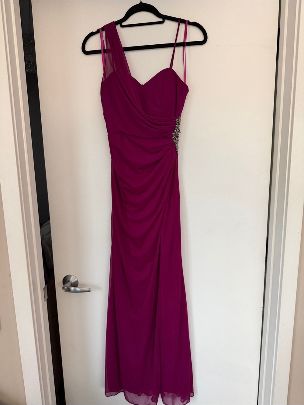 Cache Fuchsia One-Shoulder Evening Gown with Side Embellishment